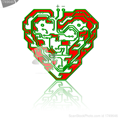 Image of Circuit board pattern in the shape of the heart. 