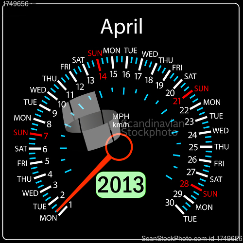 Image of 2013 year calendar speedometer car in vector. April.