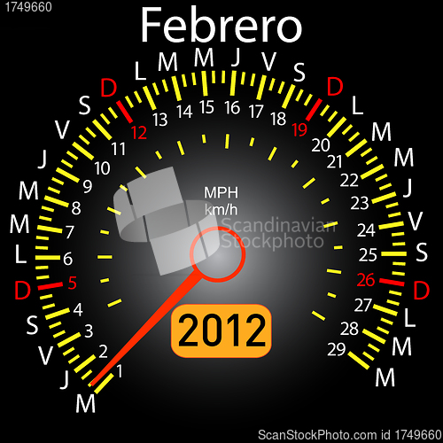 Image of 2012 year calendar speedometer car in Spanish. February