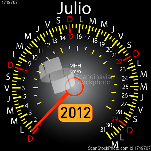 Image of 2012 year calendar speedometer car in Spanish. July