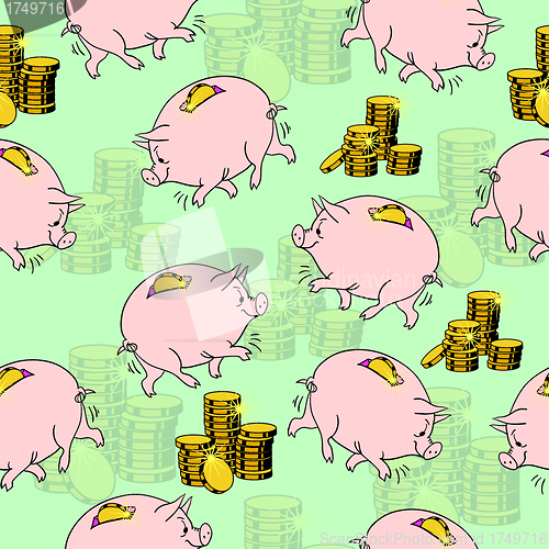 Image of Pig piggy bank, gold coins. 