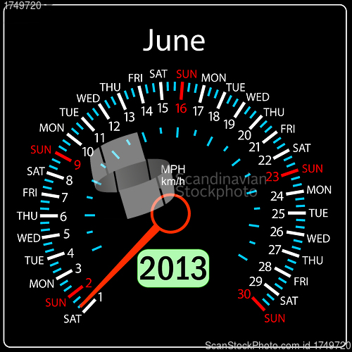 Image of 2013 year calendar speedometer car in vector. June.