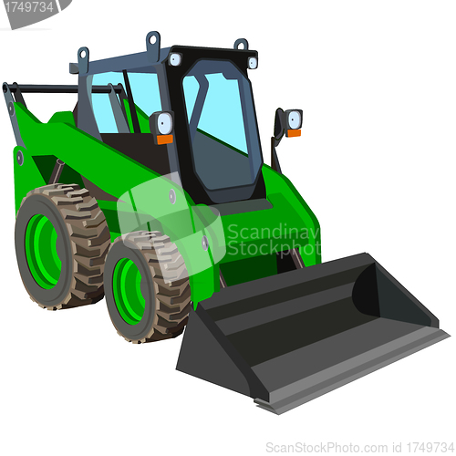 Image of The green truck with a scraper to lift cargo.