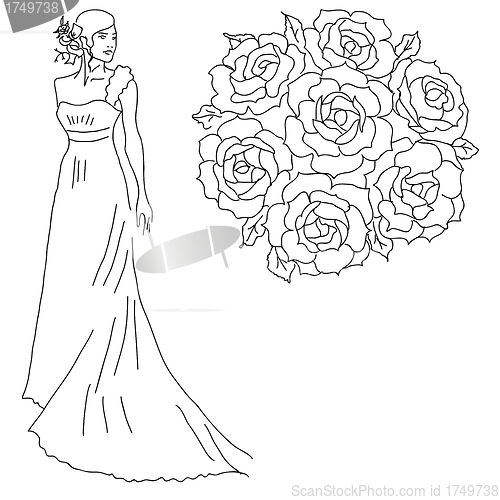 Image of Silhouette of a bride with a bouquet of flowers.