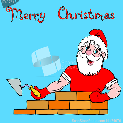 Image of Santa Claus muscular builds a brick house.