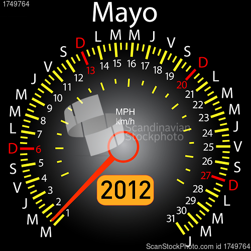 Image of 2012 year calendar speedometer car in Spanish. May