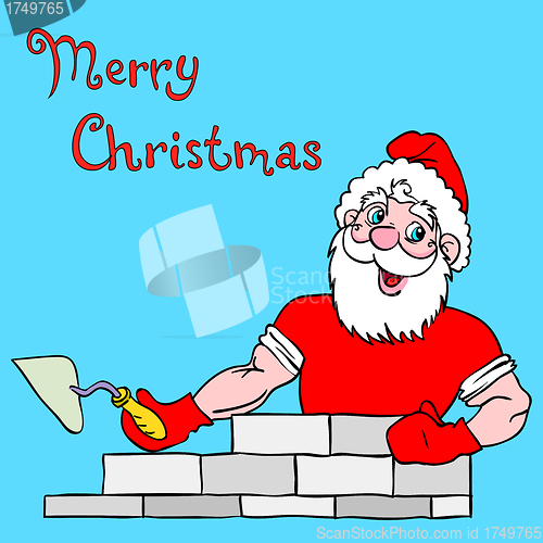 Image of Santa Claus muscular builds a brick house.