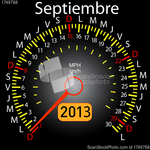 Image of 2013 year calendar speedometer car in Spanish. September