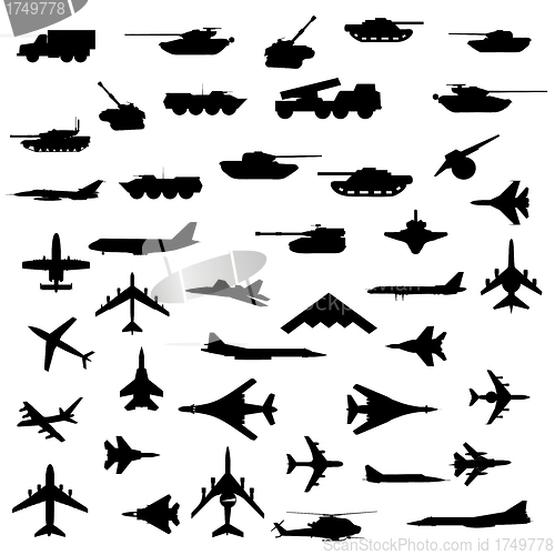 Image of Vector set of aircraft, armored  and guns.