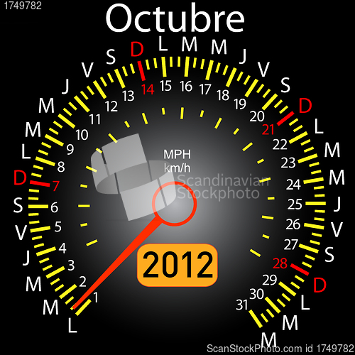 Image of 2012 year calendar speedometer car in Spanish. October