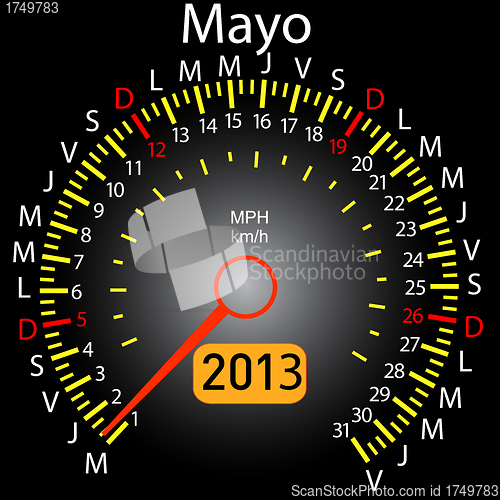 Image of 2013 year calendar speedometer car in Spanish. May