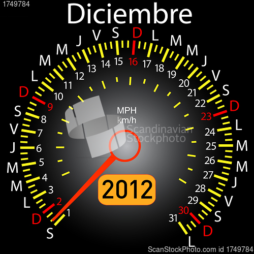 Image of 2012 year calendar speedometer car in Spanish. December