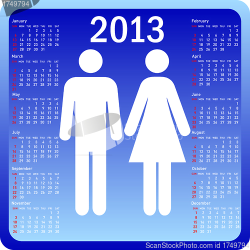 Image of Stylish calendar family for 2013. Week starts on Sunday.
