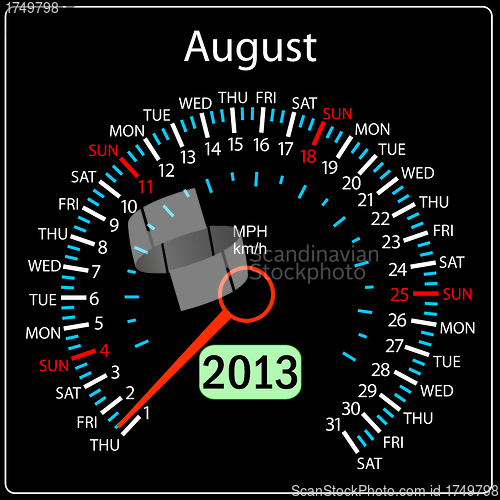 Image of 2013 year calendar speedometer car in vector. August.