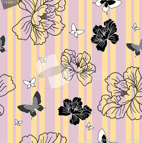 Image of seamless wallpaper flowers and butterflies