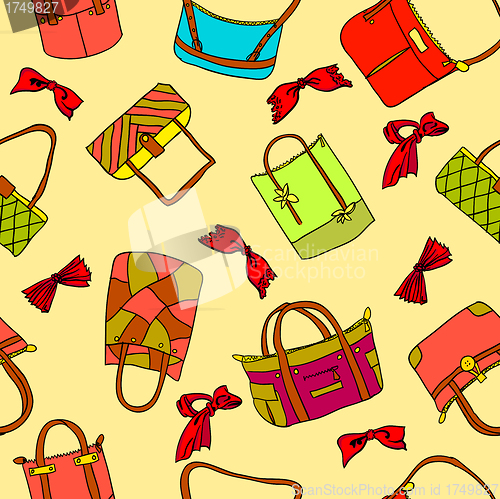 Image of vector collection of woman's accessories. Seamless wallpaper.