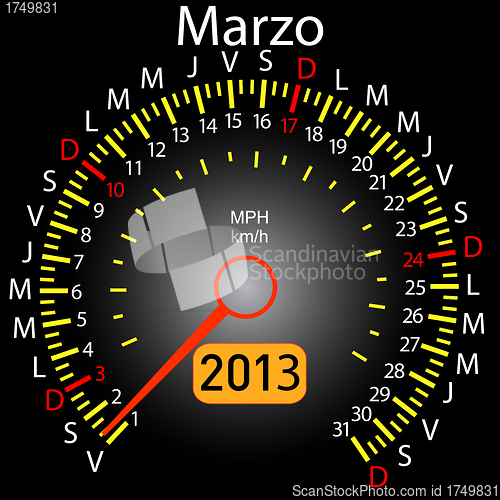 Image of 2013 year calendar speedometer car in Spanish. March