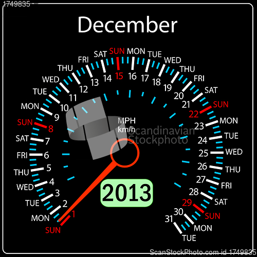 Image of 2013 year calendar speedometer car in vector. December.