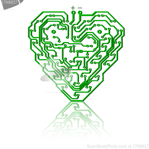 Image of Circuit board pattern in the shape of the heart. 