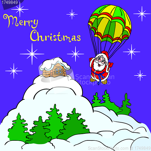 Image of Cheerful Santa Claus goes down from the sky on a parachute.