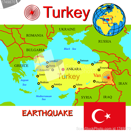 Image of Turkey map with epicenter earthquake.