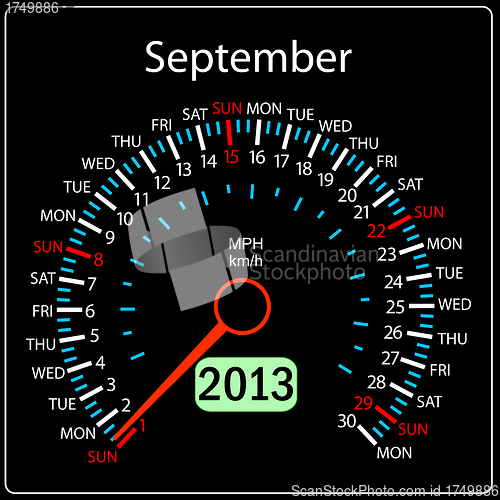 Image of 2013 year calendar speedometer car in vector. September.