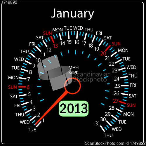 Image of 2013 year calendar speedometer car in vector. January.