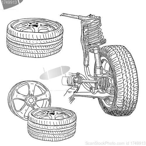 Image of race car shock absorber and wheel.