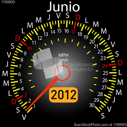 Image of 2012 year calendar speedometer car in Spanish. June