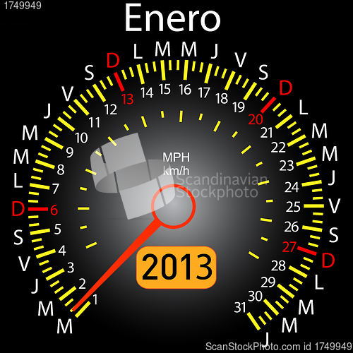 Image of 2013 year calendar speedometer car in Spanish. January