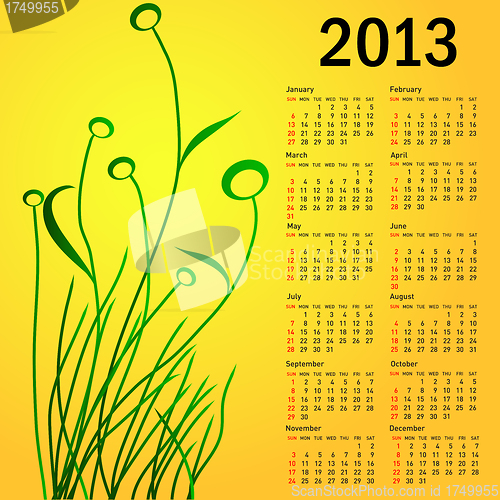 Image of Stylish calendar with flowers for 2013. Week starts on Sunday.