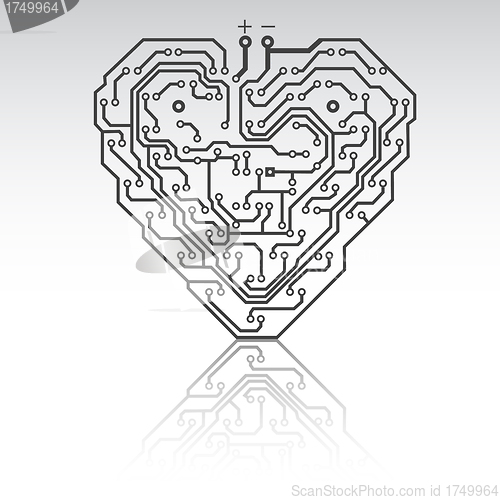 Image of Circuit board pattern in the shape of the heart. 