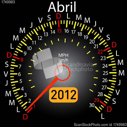 Image of 2012 year calendar speedometer car in Spanish. April