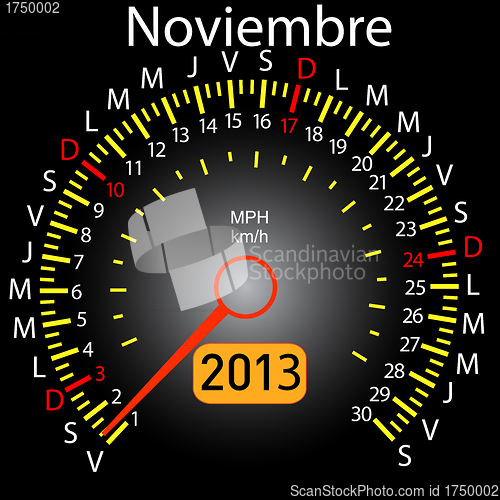 Image of 2013 year calendar speedometer car in Spanish. November