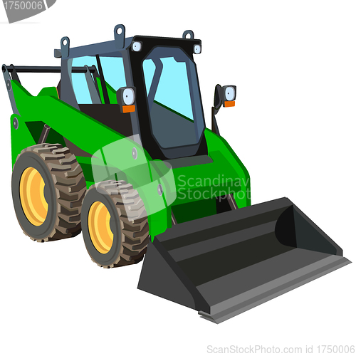 Image of The green truck with a scraper to lift cargo.