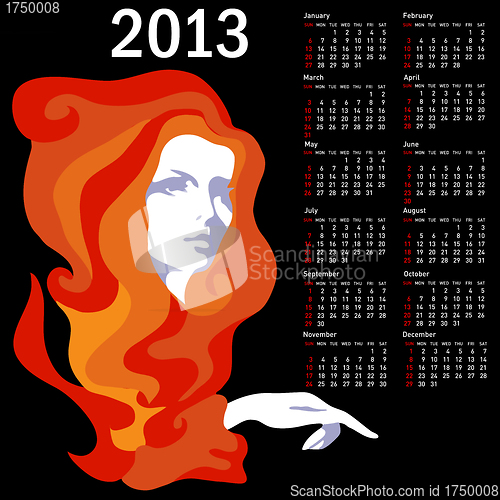 Image of Stylish calendar with woman  for 2013. Week starts on Sunday.