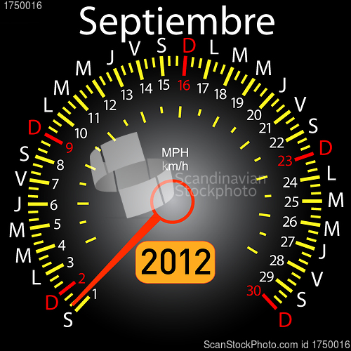 Image of 2012 year calendar speedometer car in Spanish. September