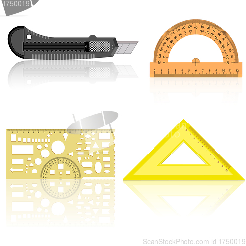 Image of Stationery knife, ruler and protractor