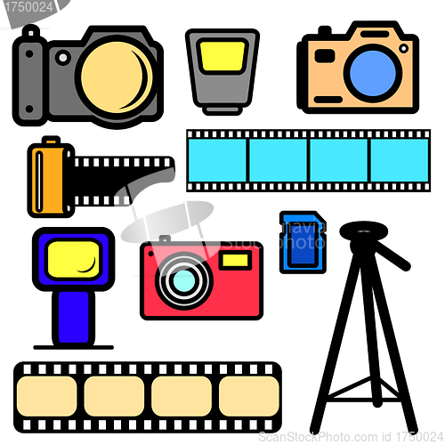Image of vector set of cameras and accessories.