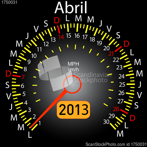 Image of 2013 year calendar speedometer car in Spanish. April