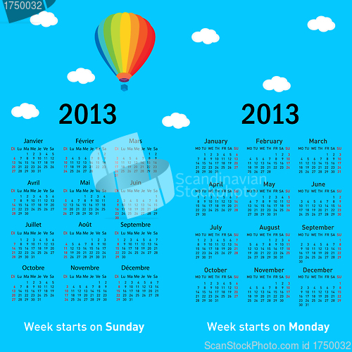 Image of Stylish French calendar with balloon and clouds for 2013. In Fre