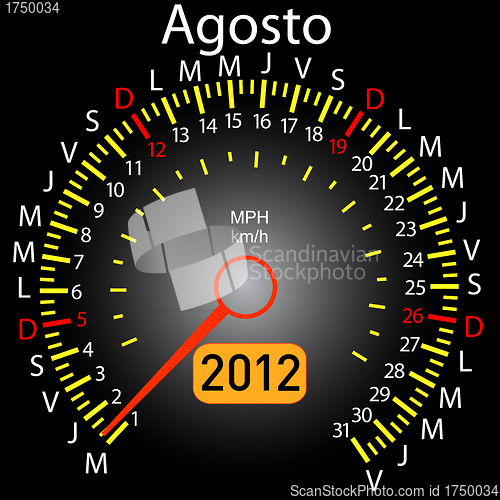 Image of 2012 year calendar speedometer car in Spanish. August