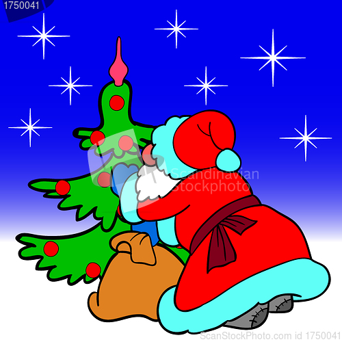 Image of Santa Claus blowing dress up a Christmas tree balls