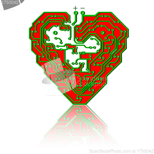 Image of Circuit board pattern in the shape of the heart. 