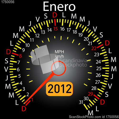 Image of 2012 year calendar speedometer car in Spanish. January