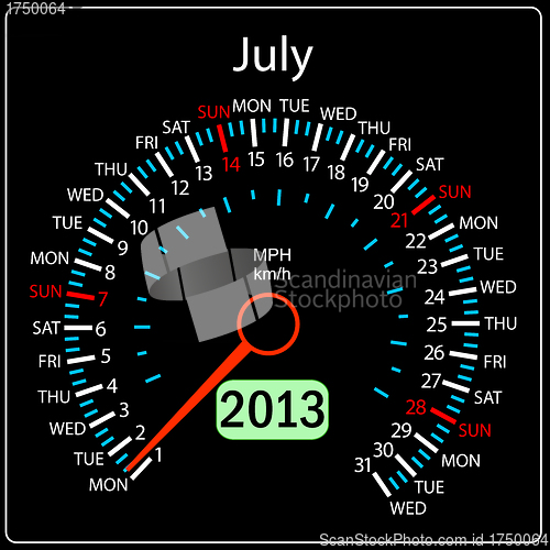 Image of 2013 year calendar speedometer car in vector. July.