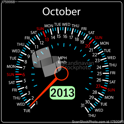 Image of 2013 year calendar speedometer car in vector. October.