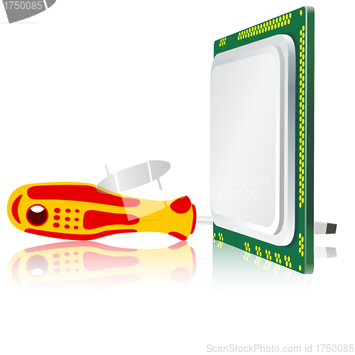 Image of screwdriver and computer processor on a white background