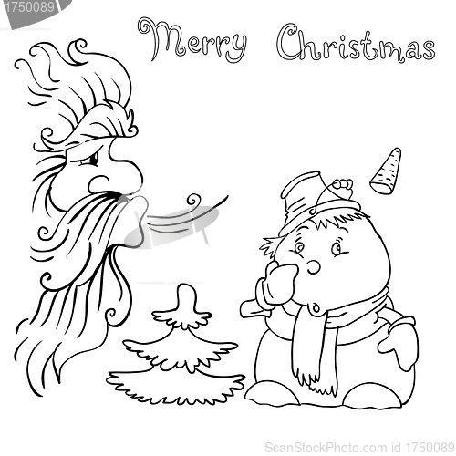 Image of Santa Claus and snowman blows on