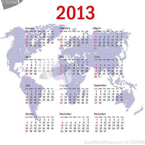 Image of calendar 2013 with world map. Sundays first